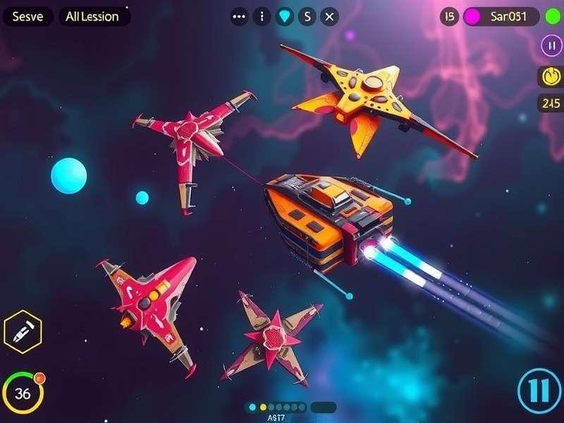 Cosmic Explorers gameplay screenshot showing spaceship in nebula
